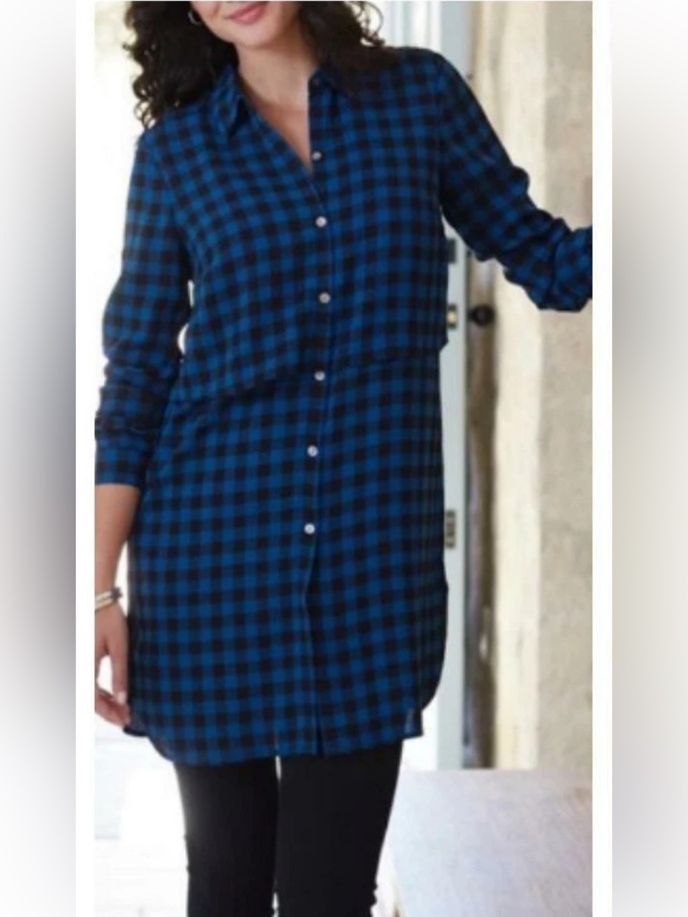 J. Jill blue & black buffalo plaid button-front tunic shirt dress Small NWT